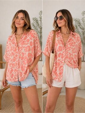 Vine & Love Coral-Peach Floral Button Down Shirt